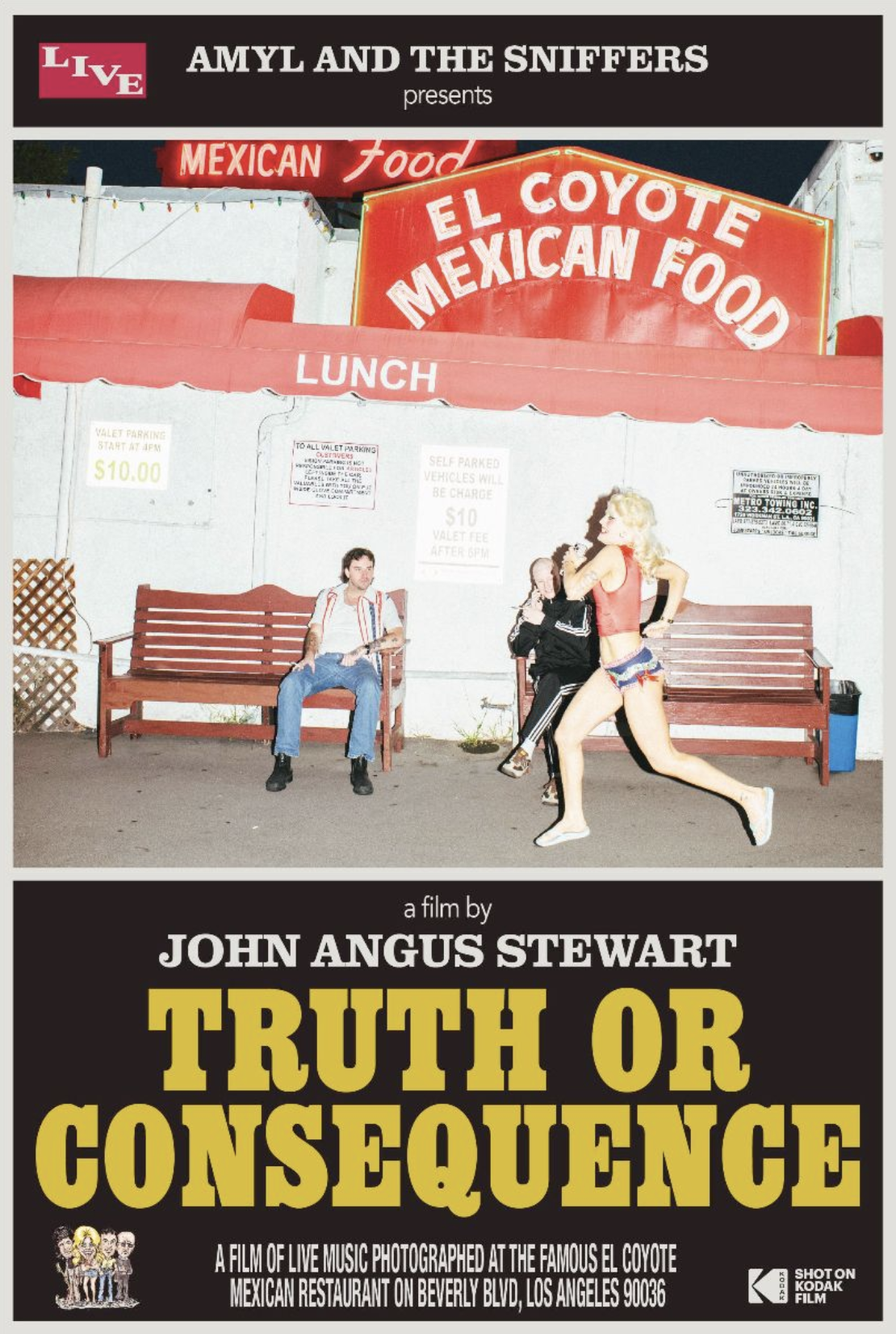 Poster for Amyl and the Sniffers' film Truth or Consequence showing Amy Taylor running past a Mexican restaurant outside at night.